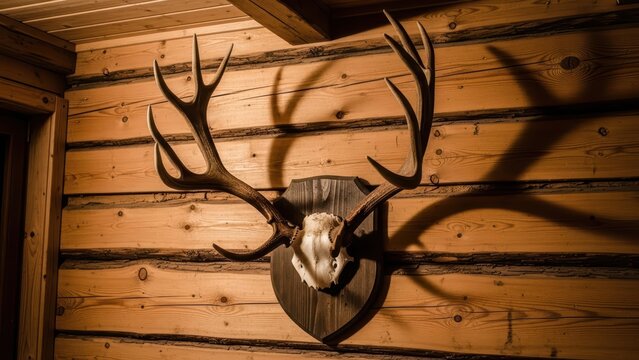 Rustic lodge d&eacute;cor with mounted antlers in wooden cabin interior