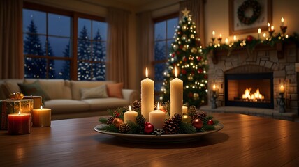 Cozy Christmas Living Room with Advent Candle Centerpiece and Fireplace
