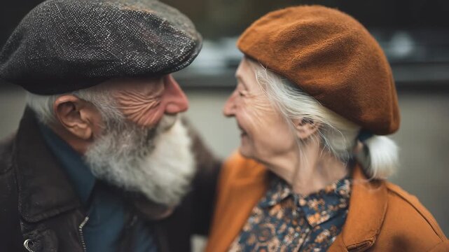 Joyful elderly couple sharing a smile together outdoors during a beautiful day in their golden years of life while wearing matching hats
