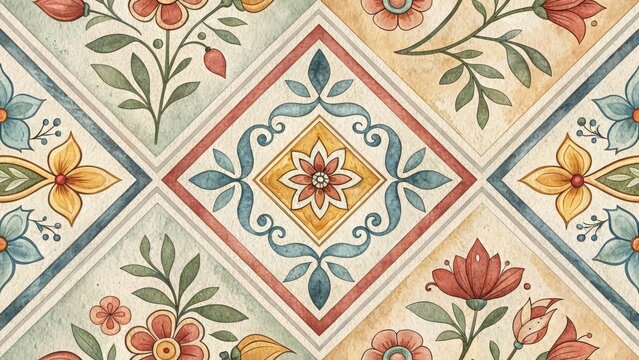 Seamless watercolor-style tile pattern featuring diagonal square/diamond arrangements with stylized folk flowers in muted peach, yellow, and blue. Use for decor, craft, print, or vintage-style blogs/s