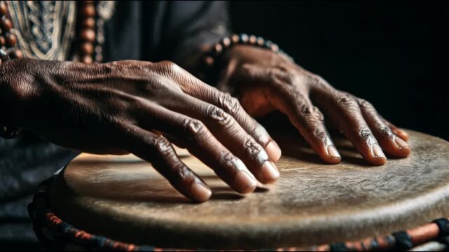 Close-up of a drummer playing a traditional ethnic percussion instrument on a dark background