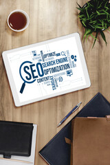 SEO search engine optimization for modish e-commerce and online retail business showing on computer...