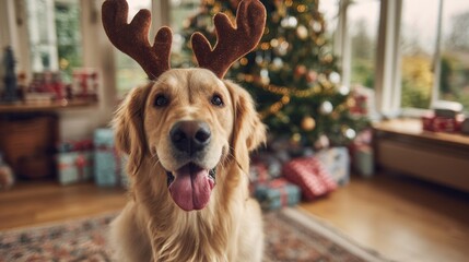 Golden retriever wearing brown reindeer antlers, panting with tongue out, cheerful holiday portrait in a cozy indoor scene with blurred christmas tree and wrapped gifts