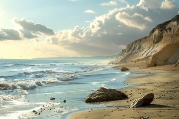Scenic view of ocean waves washing ashore on a sandy beach, with towering cliffs in the background and a cloudy sky overhead