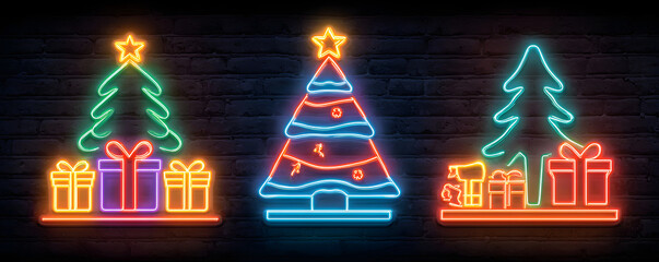 Christmas sale. Happy New Year neon street billboards collection. December holiday. Vector illustration