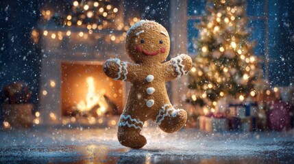 Gingerbread man standing in falling snow during holiday season, cozy fireplace and illuminated christmas tree creating warm festive atmosphere indoors
