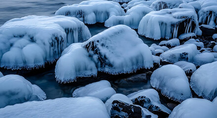 Obraz premium A view of ice covered rocks near water with icicles hanging from the edges on a cold winter day ai generated