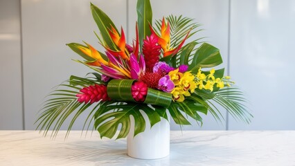 Vibrant tropical floral arrangement in white vase on marble surface