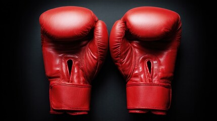 A pair of red boxing gloves are presented against a dark background.