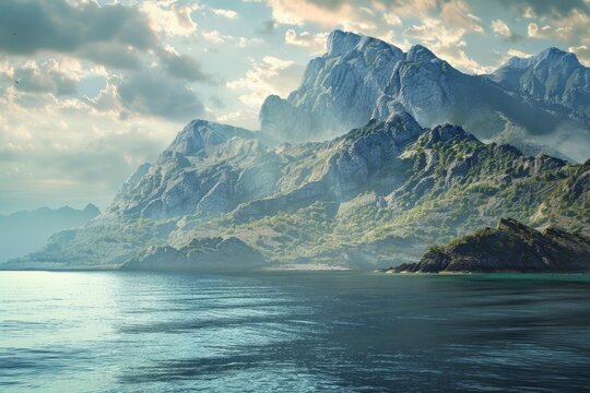 Serene landscape showcasing majestic mountains rising from the tranquil sea under a cloudy sky, creating a picturesque view