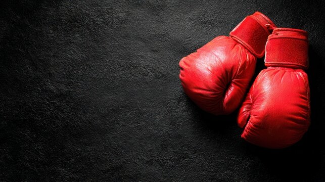 A pair of red boxing gloves rests on a textured black surface, ready for action.