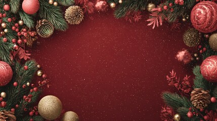 A festive Christmas border of ornaments and pine branches adorns a deep red background.