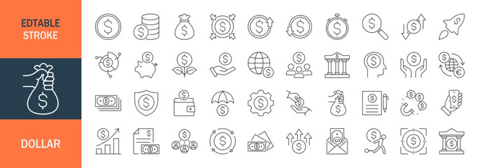Dollar icon set. Editable line icons. Vector illustration.
