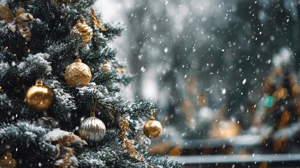 Decorated christmas tree showcasing golden ornaments and snow covered branches against a falling snow background, creating a festive winter wonderland atmosphere greeting card background copy space