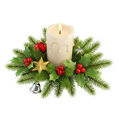 Elegant Christmas candle centerpiece with ornaments and festive decorations isolated on black