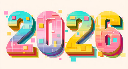 Abstract vector illustration for the year 2026, featuring modern typography with a vibrant pastel color gradient and decorative geometric shapes on a clean white background