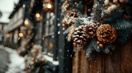 Christmas wreath of snow dusted pinecones and evergreen branches on a rustic wooden doorframe, soft falling snow and warm bokeh lights creating a cozy winter mood