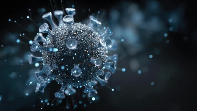 A close-up 3D render of a coronavirus particle with spike proteins.