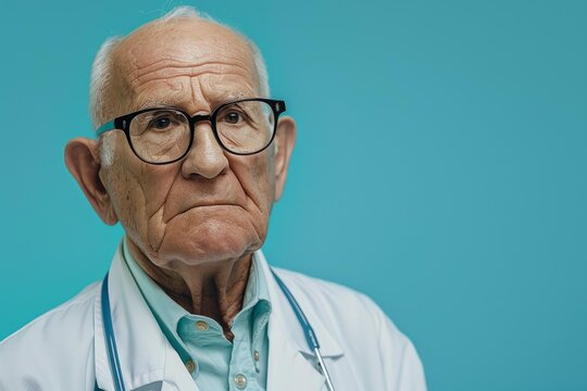 Elderly male physician with stethoscope looking concerned on a turquoise background
