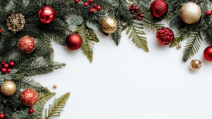 Festive Christmas garland with ornaments and pine branches on a white background.