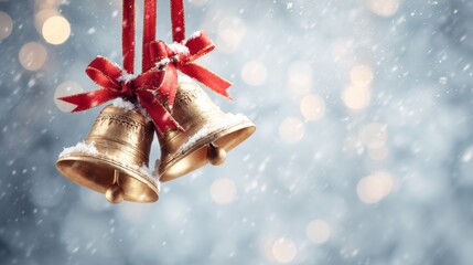 Golden jingle bells hanging with red ribbons, snow falling over festive christmas decorations, creating a happy holiday atmosphere with bokeh lights and copy space background