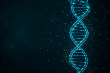 Glowing DNA double helix structure with digital particles and lines on dark abstract background representing science and genetic education concept. Ai generative