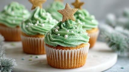 Delicious Christmas tree cupcakes decorated with green frosting and star toppers are ready to be enjoyed.