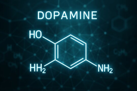 Dopamine molecule structure glowing in neon blue on dark digital network background illustrating neurotransmitter science concept for education purposes. Ai generative
