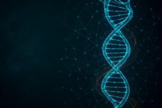 Glowing DNA double helix structure with digital particles and lines on dark abstract background representing science and genetic education concept. Ai generative