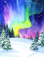 Naklejka premium Watercolor aurora. Happy New Year and marry Christmas congratulation greeting card