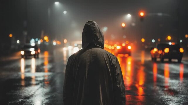 Hooded figure stands alone on a rain-slick city street at night, car headlights and streetlights glowing through the mist.