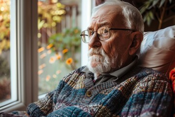 Elderly man sitting and looking out the window, contemplating life