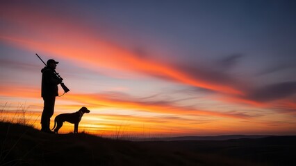 Silhouetted hunter with dog at sunset: outdoor exploration and companionship