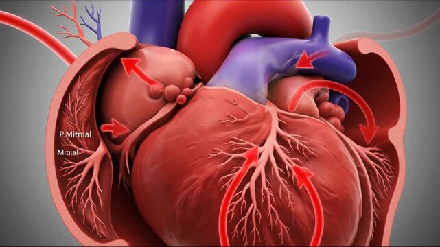 Animated human heart shows blood flow through chambers. Detailed 3D model illustrates cardiac circulation and anatomy.