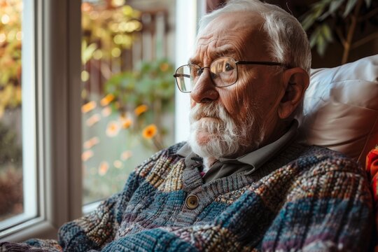 Elderly man sitting and looking out the window, contemplating life