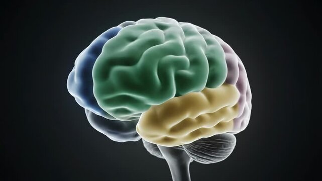 A detailed 3D human brain model rotates, revealing different colored lobes. This anatomical rendering highlights the complex structure and functions of the brain.