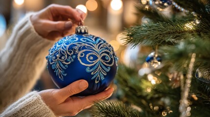 Hands decorating a christmas tree with a festive blue and silver ornament, preparing for holiday celebrations, showing winter traditions and seasonal joy