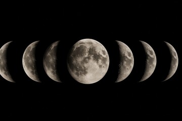 Phases of the Moon in sequential alignment showing lunar cycle progression in detailed astronomy concept on black background for education purposes. Ai generative
