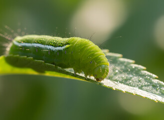 Fototapeta premium A detailed macro view of a vibrant green caterpillar with a blue stripe resting on a sunlit leaf in a natural garden setting