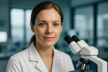 Female scientist in white lab coat smiling near microscope in modern laboratory environment, concept of science and education in research work. Ai generative