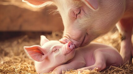A mother pig nurturing her adorable piglet.