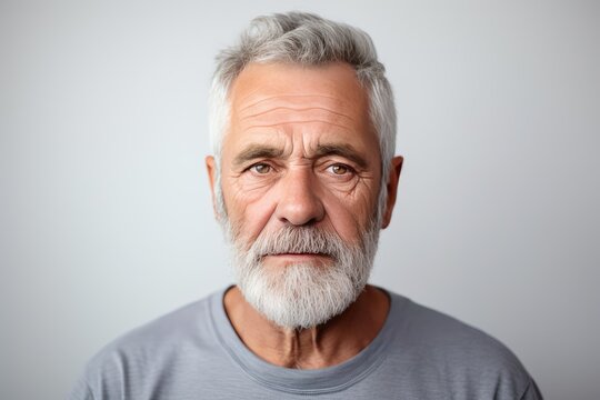 Close up portrait of a thoughtful senior man with grey hair and beard, exuding wisdom and experience against a neutral background