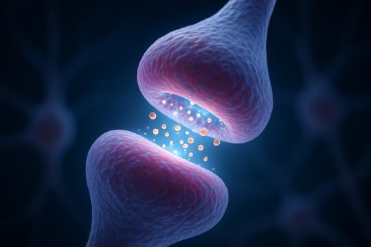Close-up illustration of synaptic transmission showing neurotransmitters between two neurons in a scientific concept style on dark background. Ai generative