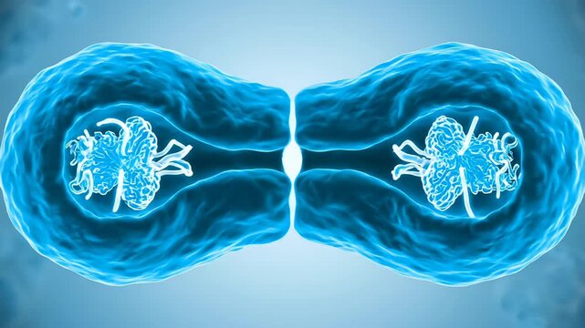 Realistic binary fission sequence showing bacterial growth as one cell divides into two identical cells under a lab-like view