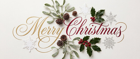 Typographic Merry Christmas Greeting with Festive Mistletoe, Pinecones, Holly and Snowflakes