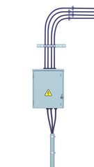 Wall Electrical Cables for industrial plant. HV and MV Power Cables on the wall and cable trays. 3D rendering isolated on white background. Ideal for professionals, educational, engineering.