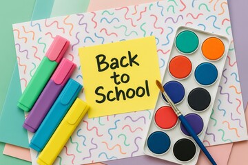 Back to School concept with colorful stationery, highlighters, watercolor palette and handwritten note on a vibrant background of pastel paper sheets. Ai generative
