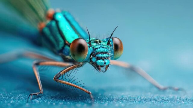 Close-up of a metallic blue-green dragonfly with large eyes perched on a blue surface.