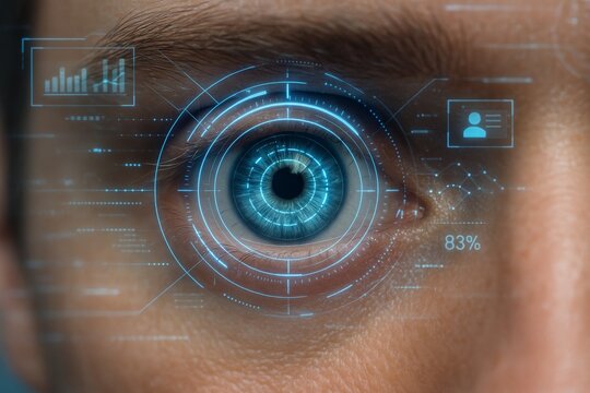 Close-up of a human eye with futuristic digital interface and biometric scanning elements for cyber technology, identity recognition and science education concept. Ai generative - Powered by Adobe