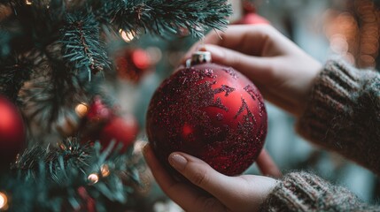 Hands carefully decorating a christmas tree with a sparkling red bauble, symbolizing the joy of holiday preparations and cherished seasonal traditions